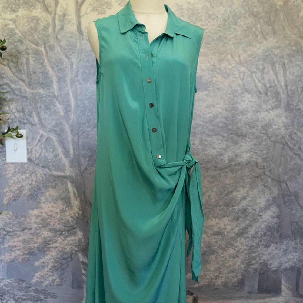 INCLAN STUDIO Green Maxi Shirt Dress with side tie sz M Medium $380